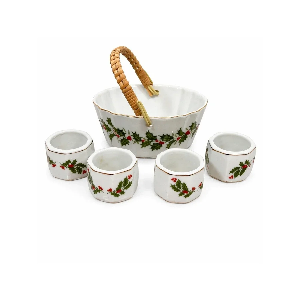 Vintage Christmas Holly Berry Ceramic Basket and 4 NapkinRings Set Made in Japan